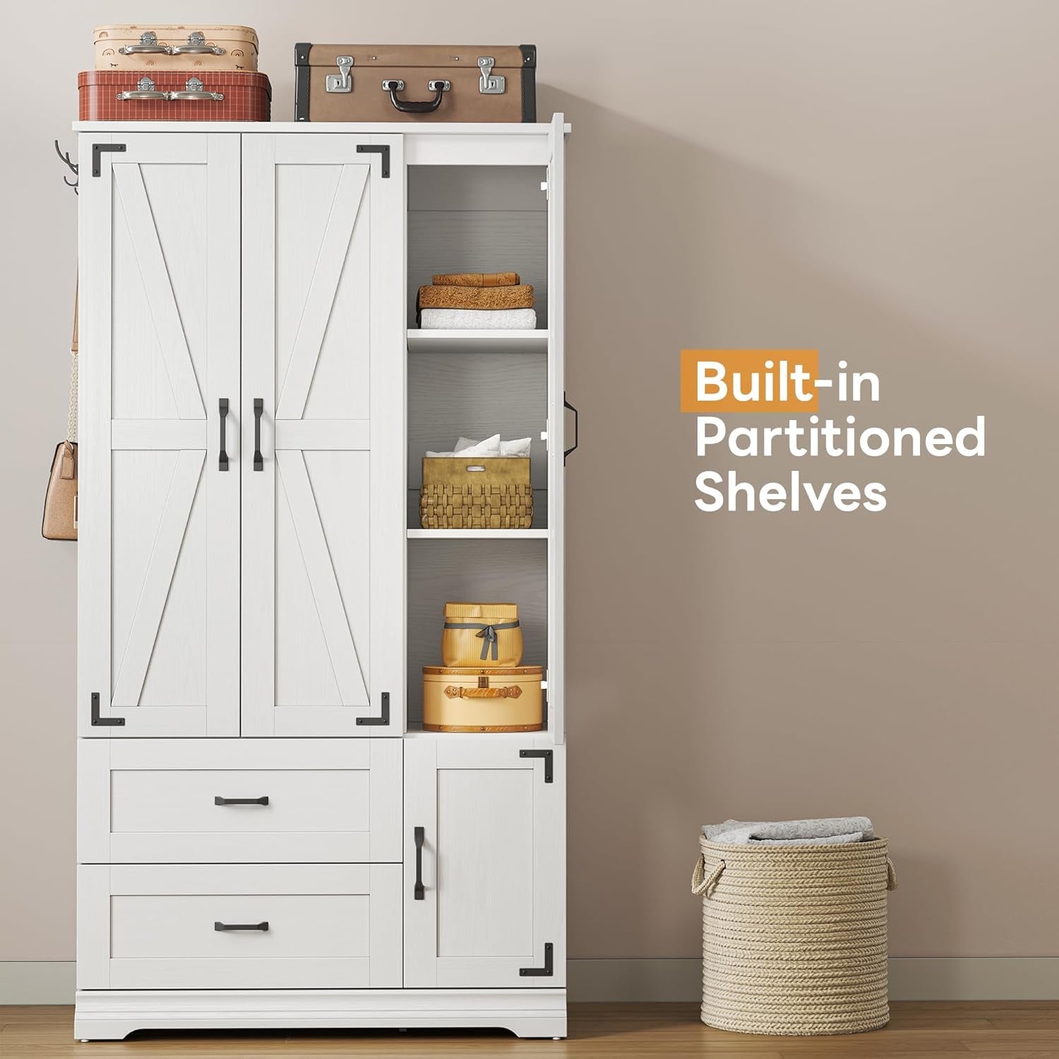 Armoire Wardrobe Closet 71" H, Bedroom Wooden Wardrobe with 4 Doors and 2 Drawers, Farmhouse Clothing Storage Cabinet Combination with Hanging Rod, Shelves, and Hooks, White