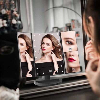 Makeup Mirror with 21 LED Lights,Two Power Supply Modes, Adjustable Touch Screen and 1X/2X/3X Magnification Tri-Fold Vanity Mirror,Chargeable Travel Cosmetic Mirror for Desktop (Black)