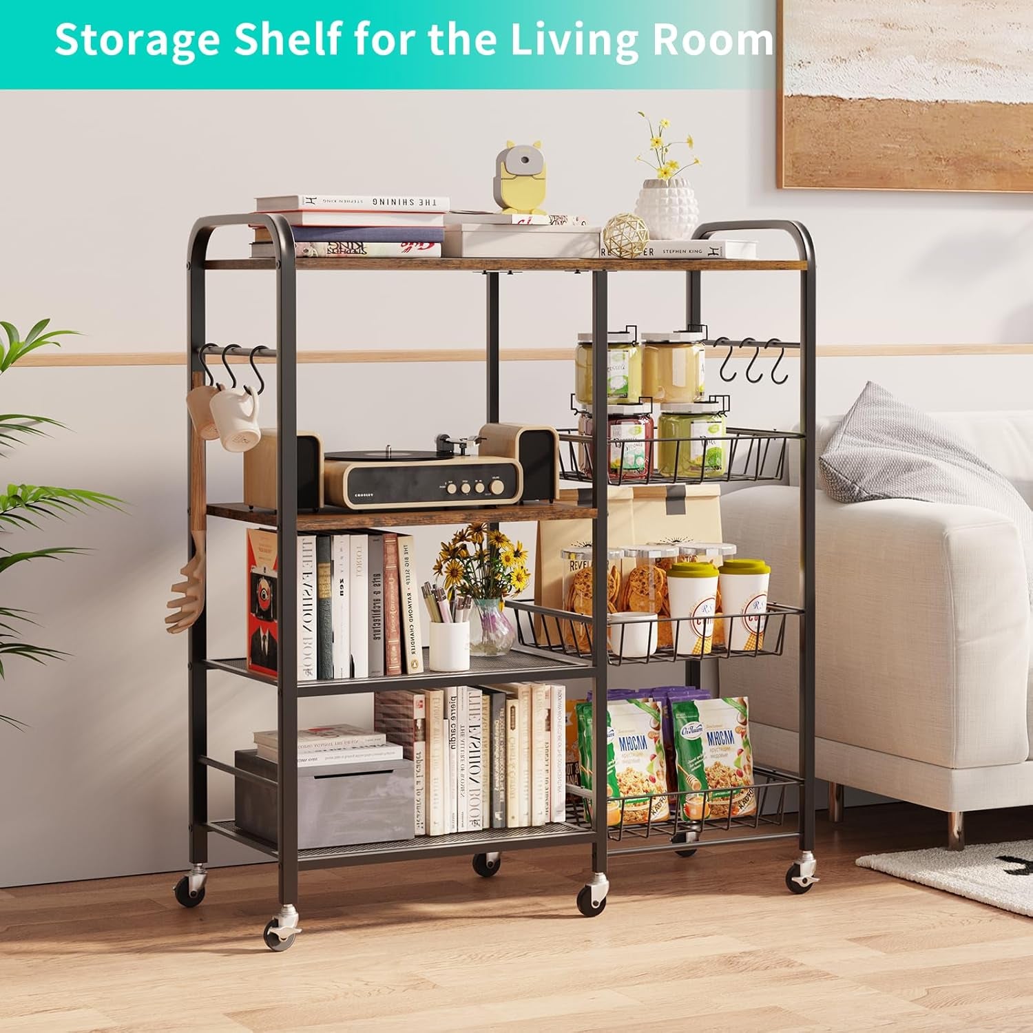 Rolling Kitchen Microwave Cart - 4 Tier Microwave Table Stand with Pull-Out Baskets, Coffee Bar Baker'S Rack with Wheels Rolling Storage Cart Organizer Shelf for Living Room Office, Balcony