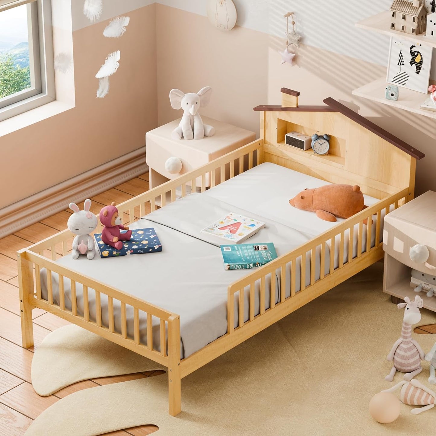 Twin Size Kids Bed with Storage - Solid Wood House Headboard & Safety Guardrails, Space-Saving Bed Frame, No Box Spring, Natural Brown