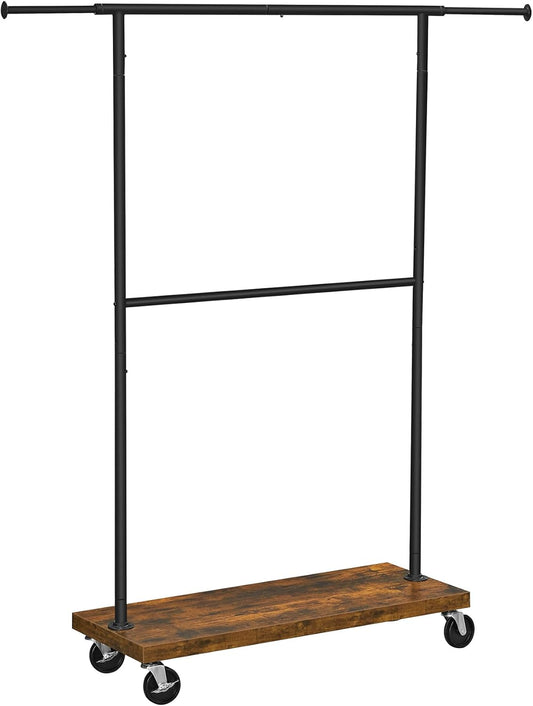 Clothes Rack, Clothing Rack with Wheels, 43.3-66.9 Inch Extendable Bar, Height-Adjustable Garment Rack, 332 Lb Load, 2 Brakes, Heavy-Duty, Industrial, Rustic Brown and Black URGR111B01V1