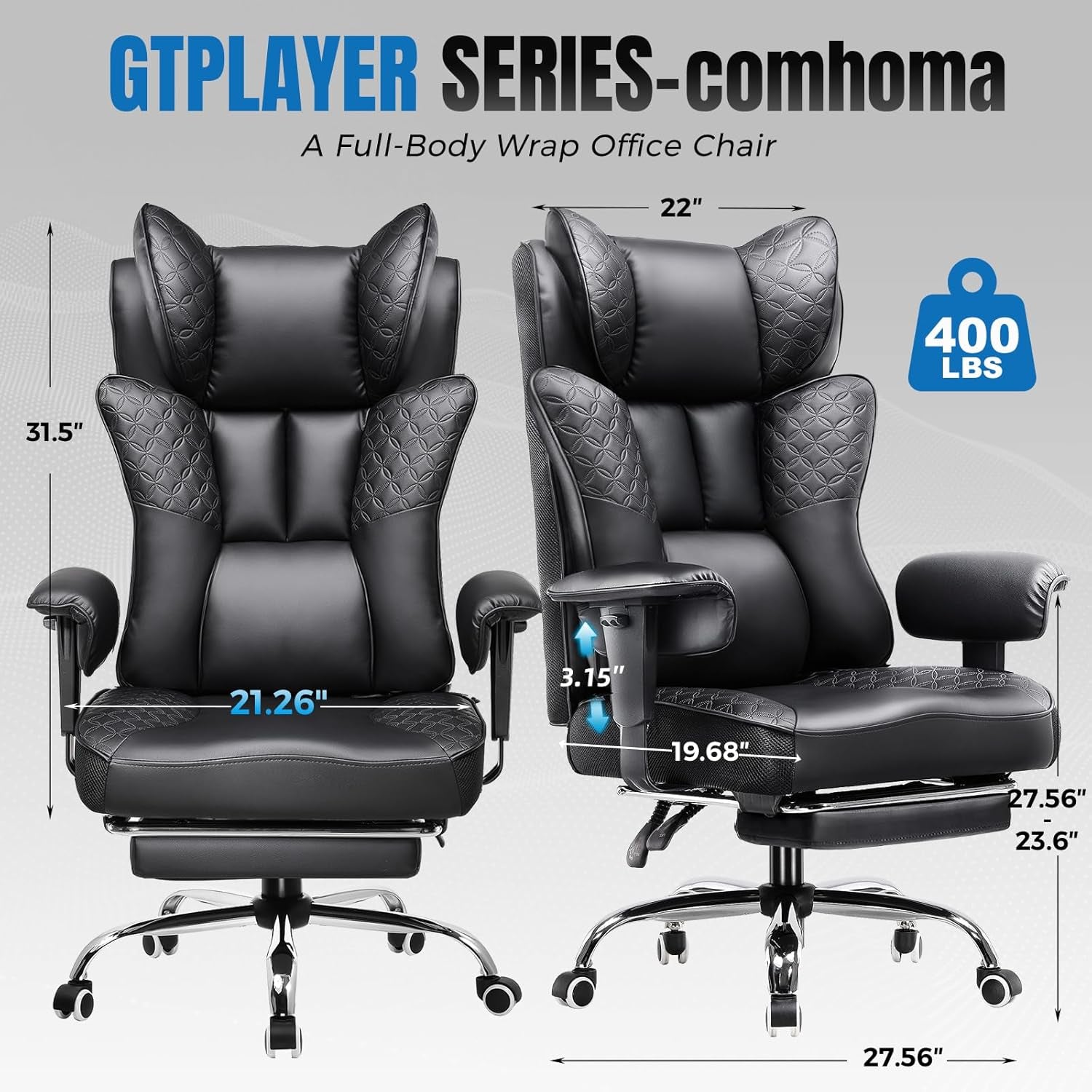 Big and Tall Office Chair 400LBS Wide Ergonomic Gaming Chair with Deluxe Embossing Designed Leather with Foot Rest,150°Reclining Adjustable Soft Armrests Pocket Spring Back Support and Pillow