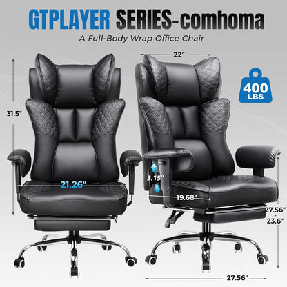 Big and Tall Office Chair 400LBS Wide Ergonomic Gaming Chair with Deluxe Embossing Designed Leather with Foot Rest,150°Reclining Adjustable Soft Armrests Pocket Spring Back Support and Pillow