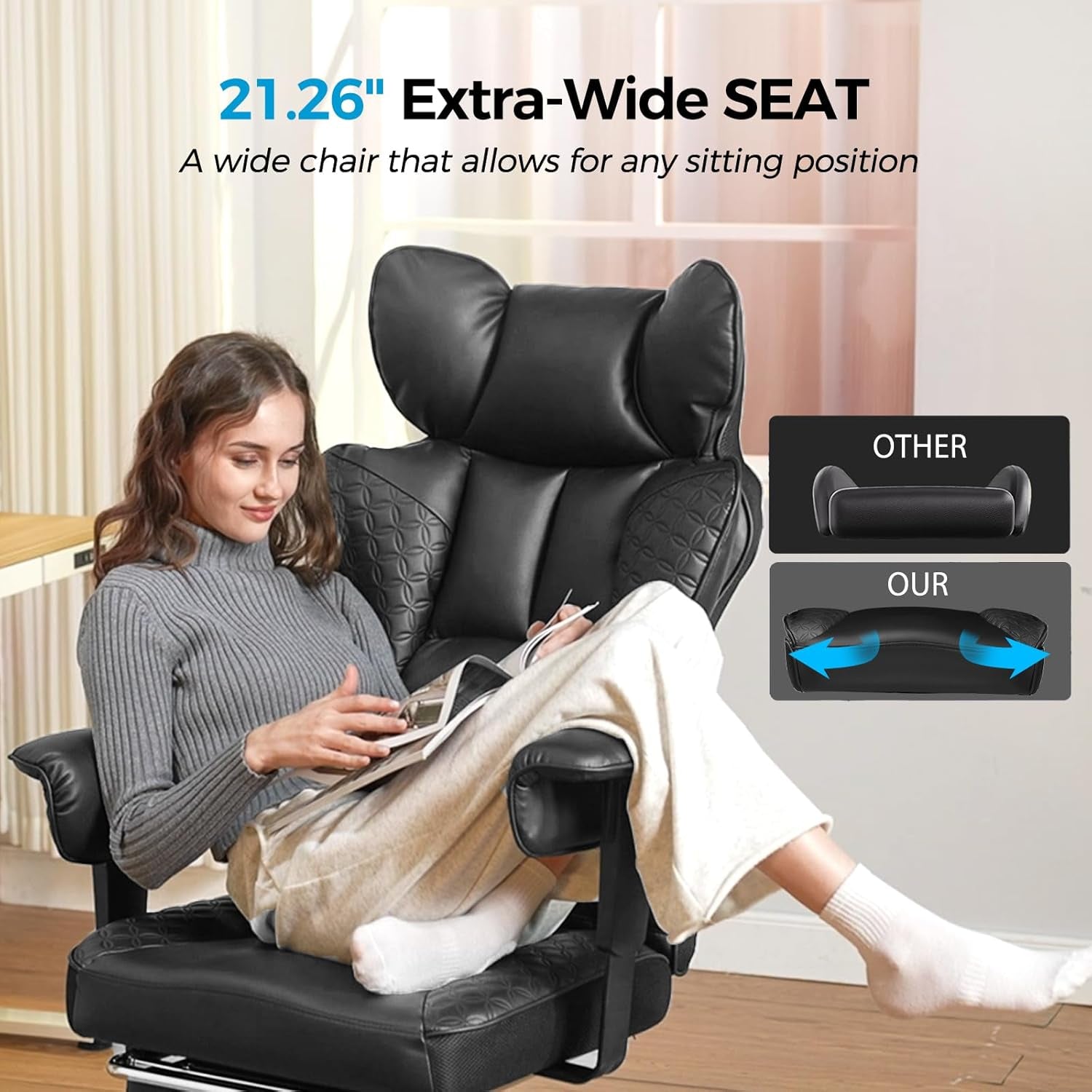 Big and Tall Office Chair Heavy Duty Wide Ergonomic Gaming Chair with Deluxe Embossing Designed Leather with Foot Rest,150°Reclining Adjustable Armrests Pocket Spring Back Support and Pillow