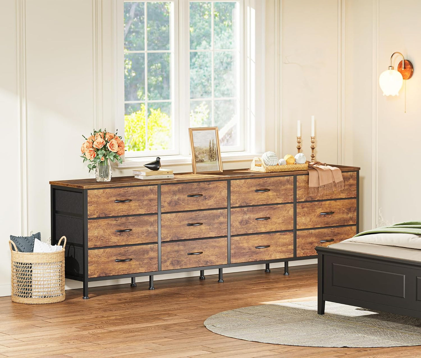 70 Inch Dresser for Bedroom, TV Stand for 65, 75, 80 Inch TV, 12 Fabric Drawer Long Dresser, Large Entertainment Center for Bedroom, Wide Chest of Drawer with Storage, Rustic Brown