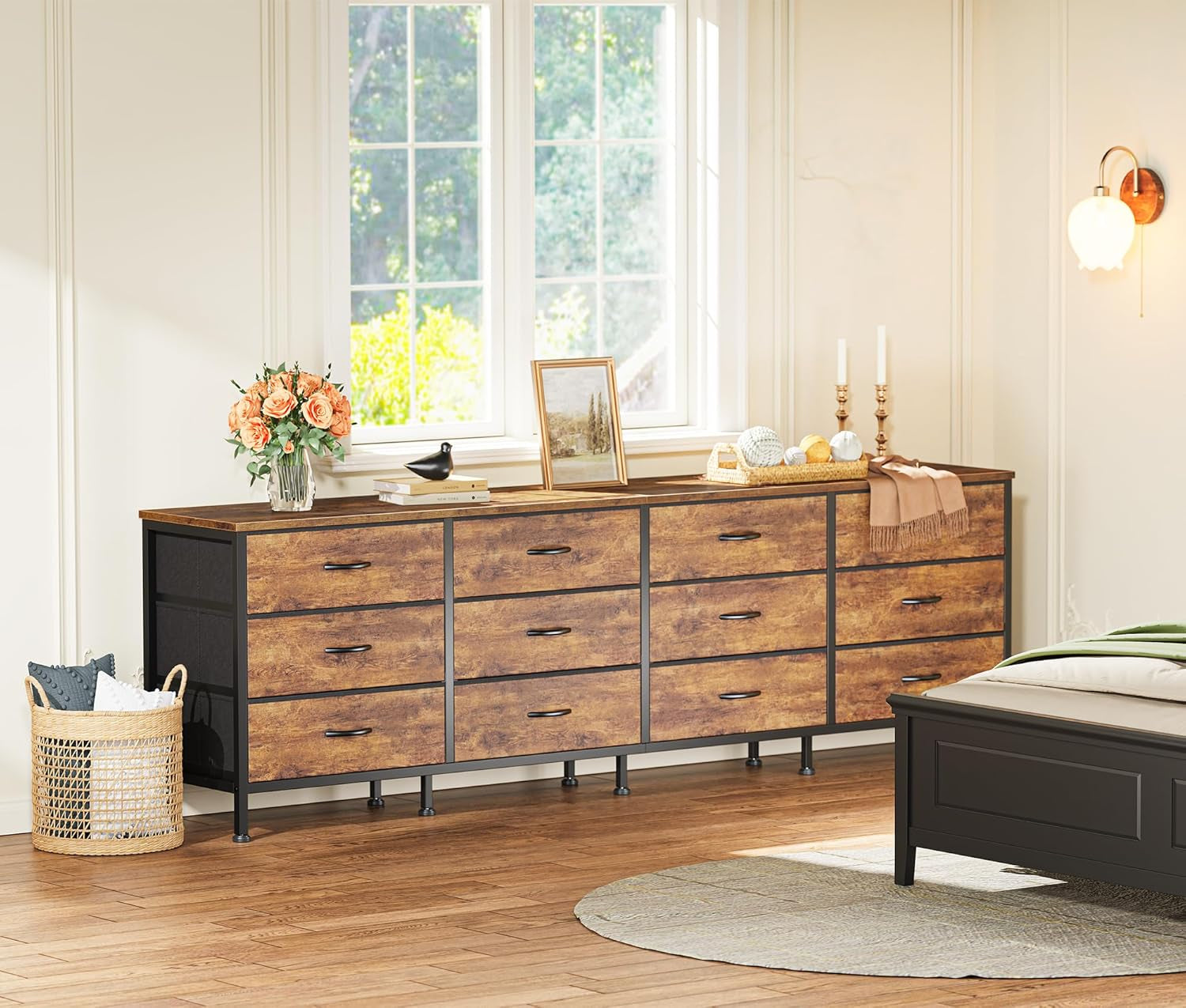 70 Inch Dresser for Bedroom, TV Stand for 65, 75, 80 Inch TV, 12 Fabric Drawer Long Dresser, Large Entertainment Center for Bedroom, Wide Chest of Drawer with Storage, Rustic Brown