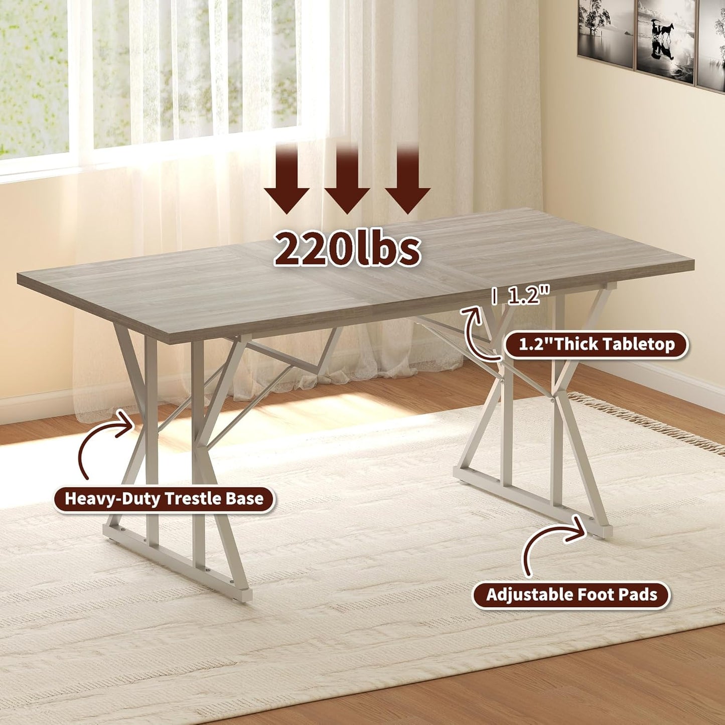47"-63" Expandable Dining Table for 4-6 People, Farmhouse Extendable Dining Room Table with Heavy Duty Metal Trestle Base, Rectangle Kitchen Table, Distressed Gray