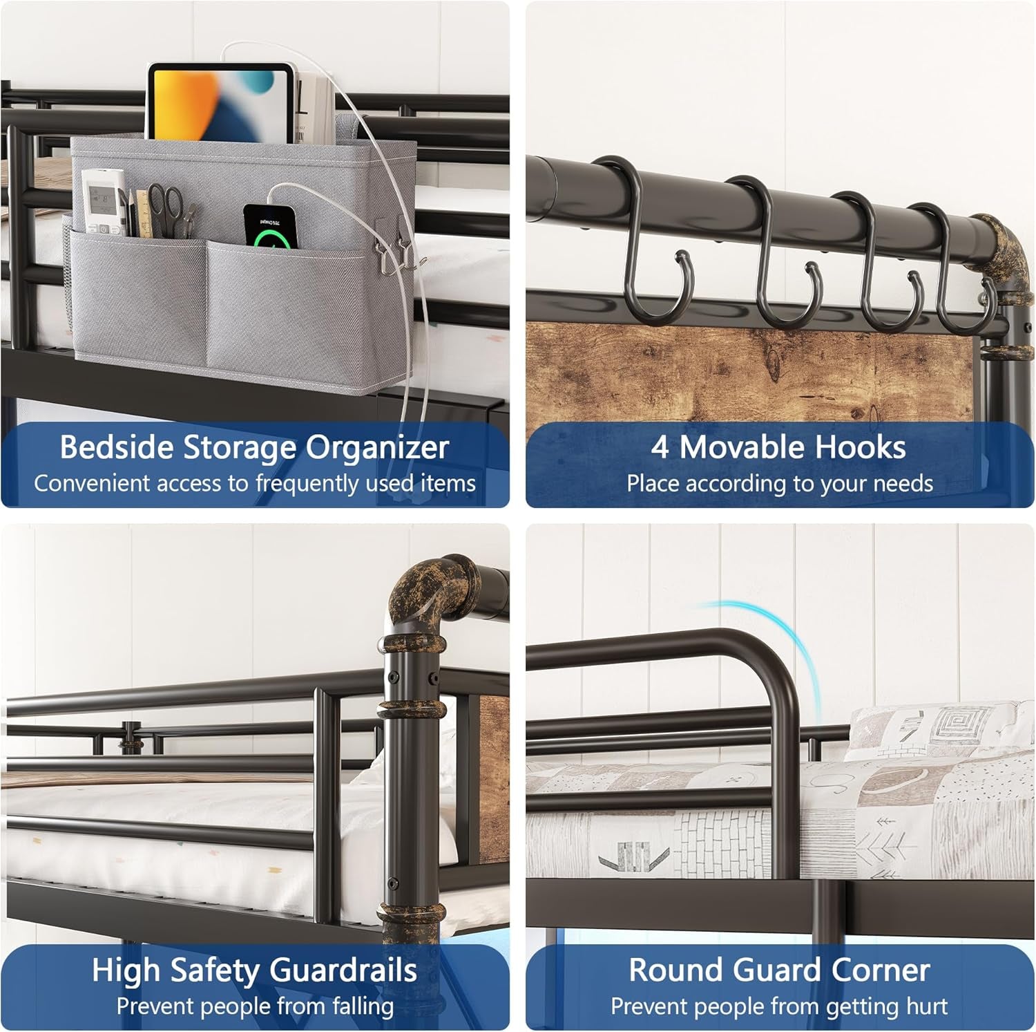 Twin Size Loft Bed with LED Lights and Charging Station, Industrial Heavy Duty Metal Loft Bed Frame with Ladder and Guardrail for Kids Adults, Small Space Saving Design for Bedroom Dorm, Black