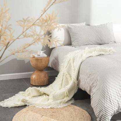 Ultra Soft Pre-Washed Warm Quilted Throw Blanket, Ruffle Fringed Cream Boho Decorative Throw, Stone Washed Chic Rustic Blanket for Sofa Couch Bed Chair, 50"X 60"