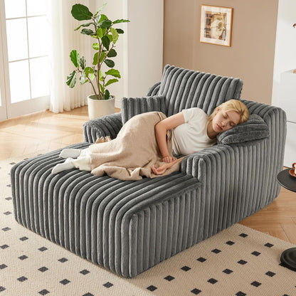 63" Oversized Chaise Lounge Chair Indoor, Boneless Couch Chair with 3 Pillows, Comfy Reading Chair with Wide Arms, No Assembly Required Corduroy Couch, Sleeper Sofa for Living Room, Gray