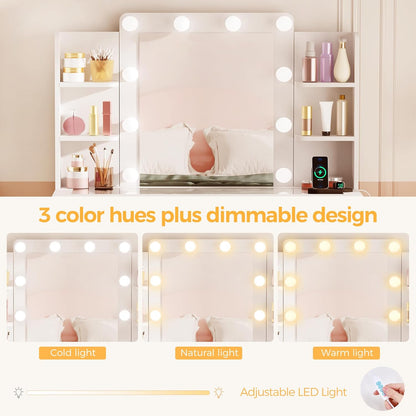 Makeup Vanity Desk with Mirror and Lights White Vanity Table with Glass Top Power Outlet Stool,Makeup Desk with 9 Drawers and 4 Storage Shelves,Dressing Table for Bedroom Women FST39W
