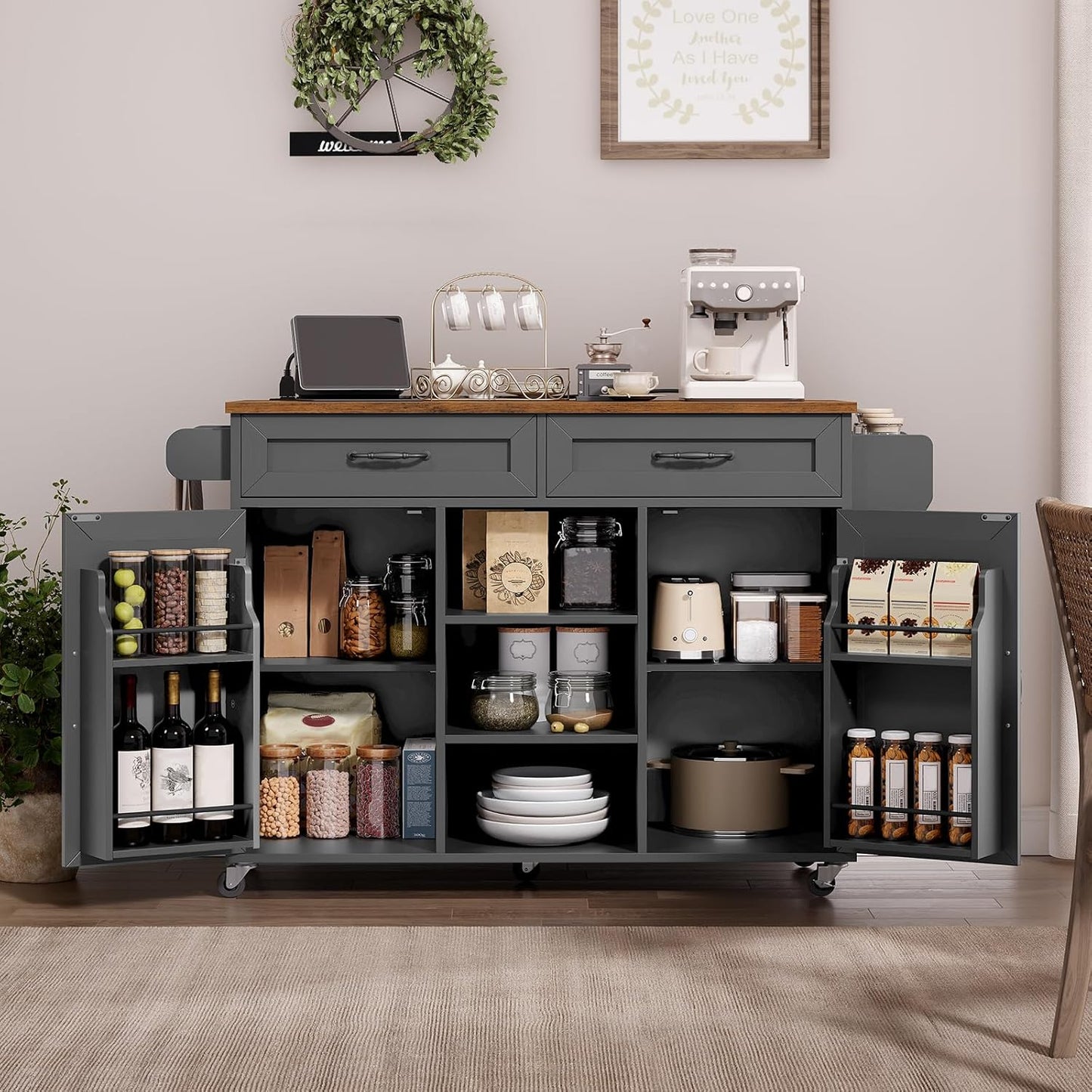 Kitchen Island with Power Outlets & Drop Leaf, Kitchen Cart with Storage, Drawer and Spice Rack, Tower Rack, Island Table, Black and Rustic Brown