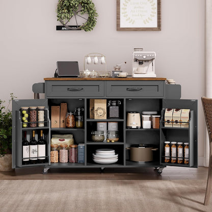 Kitchen Island with Power Outlets & Drop Leaf, Kitchen Cart with Storage, Drawer and Spice Rack, Tower Rack, Island Table, Black and Rustic Brown