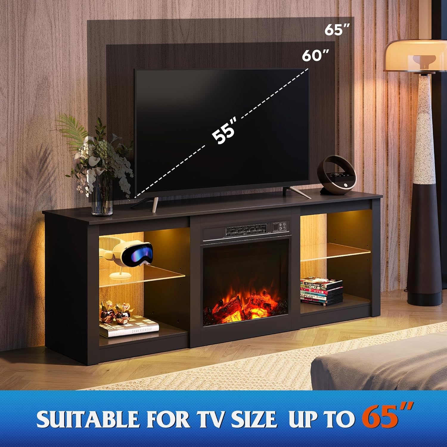 Fireplace TV Stand for up to 65 Inch Tvs, Modern LED Entertainment Center with Electric Fireplace Heater & Adjustable Glass Shelves, Sturdy Media Console for Living Room, Bedroom,Gaming (Black)