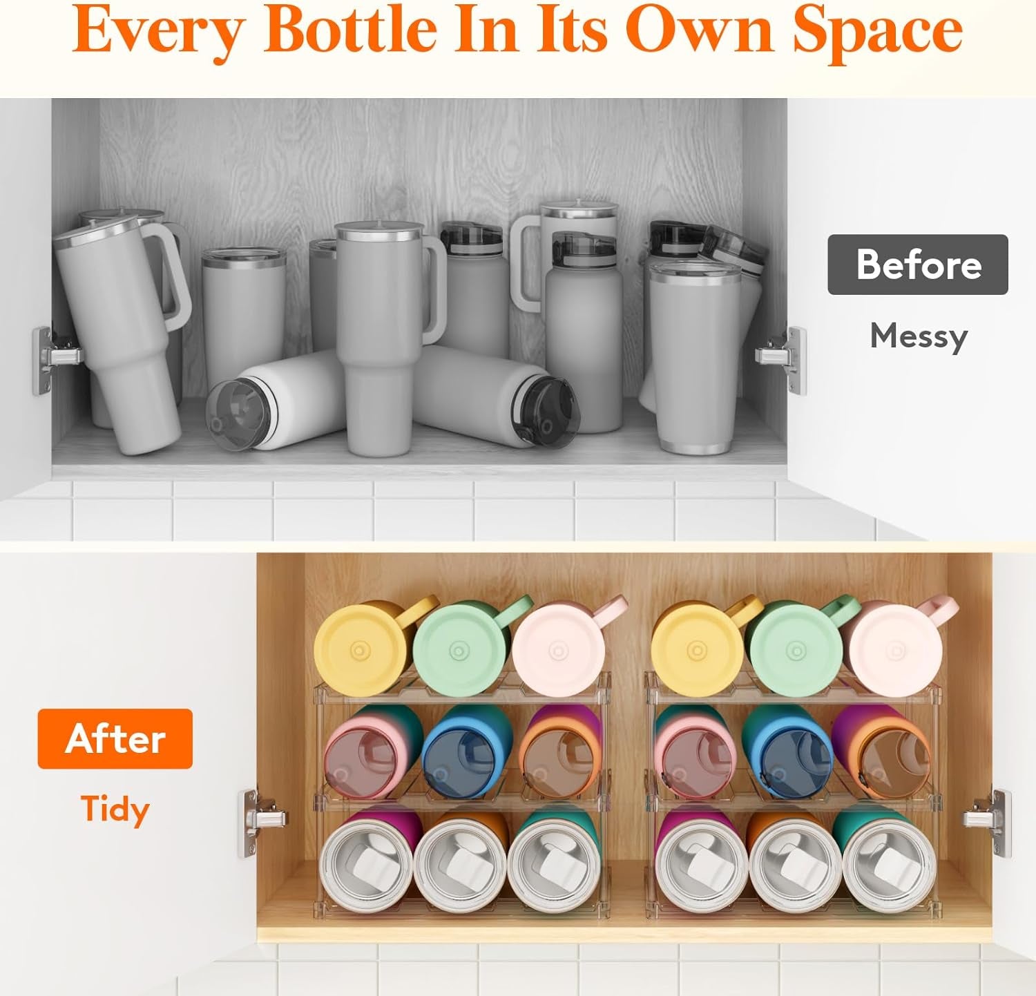 Stackable Water Bottle Storage Organizer, Clear Freestanding Wine Bottle Holder for Cabinet, Tumbler Cup Organizer, Plastic Large Compartment Wine Rack for Fridge Cellar, 3Tier Hold 9