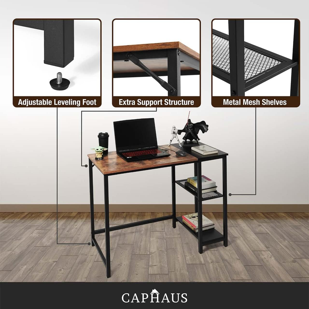 40 Inch Computer Desk with 2-Tier Storage Shelves, for Home Office & Gaming, Small Spaces Desk for Bedroom/Office, Easy Assemble P2 Board & Steel Legs, Rustic Oak & Black (220 Lbs Load)