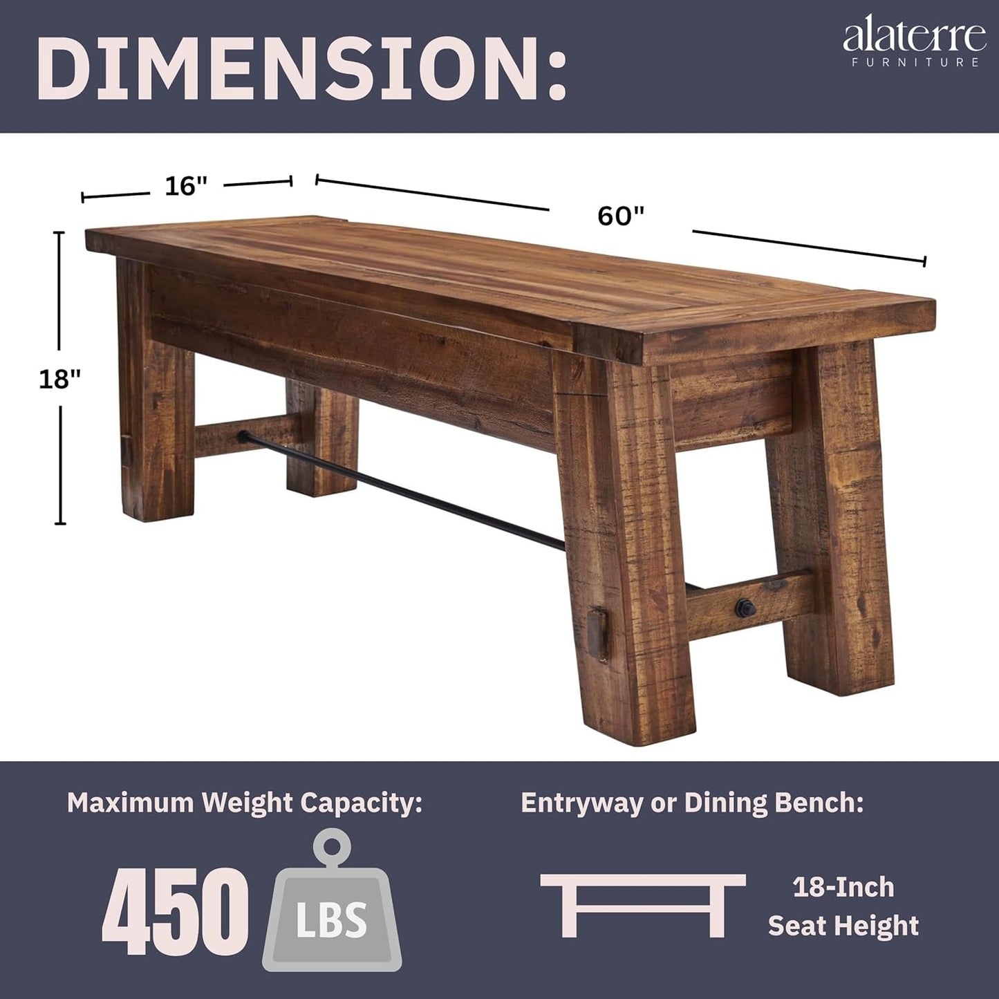Durango Rustic Farmhouse Style 60-Inch Wood Bench - Industrial Modern Accent Furniture with Solid Wood Seat for Entryway, Dining Room, Hallway, Foyer, or Kitchen by