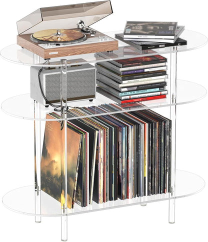 Acrylic Record Player Stand with Vinyl Storage, 35.4" L X 15.7" W X 30.1" H, Large Turntable Stand Table Holds up to 200 Albums, 3-Tier Clear Vinyl Record Holder for Living Room, Bedroom