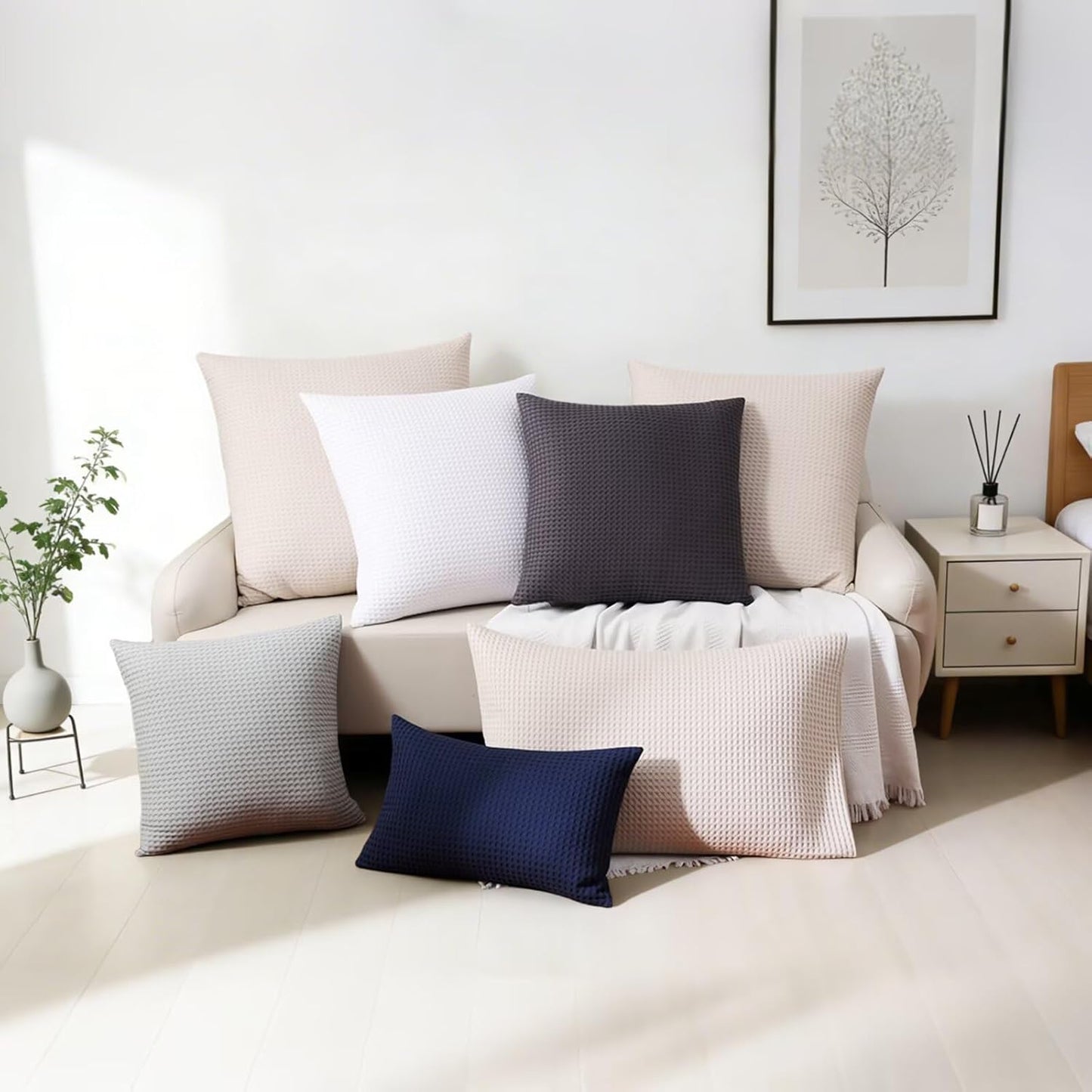 100% Cotton Waffle Weave Pillow Shams Set of 2, 600TC Solid Reverse Side, Envelope Closure, Skin-Friendly & Durable Decorative Pillow Covers for Bed, Navy Blue, King Size 20"X36"