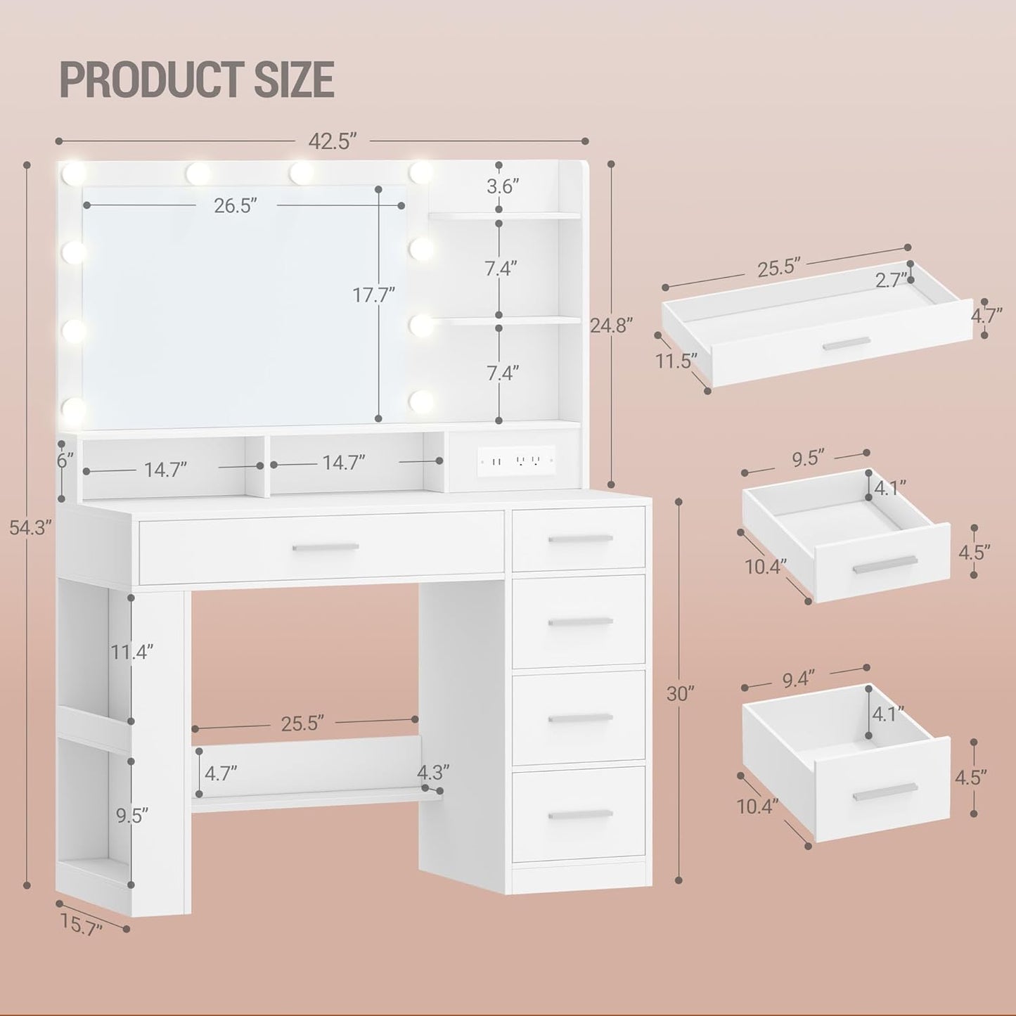 Vanity Desk with Large HD Mirror, Makeup Vanity with Led Lights, Dressing Table with Power Strip, 6 Storage Shelves, 5 Drawers and Side Open Storage, Simple, White WX426HDT