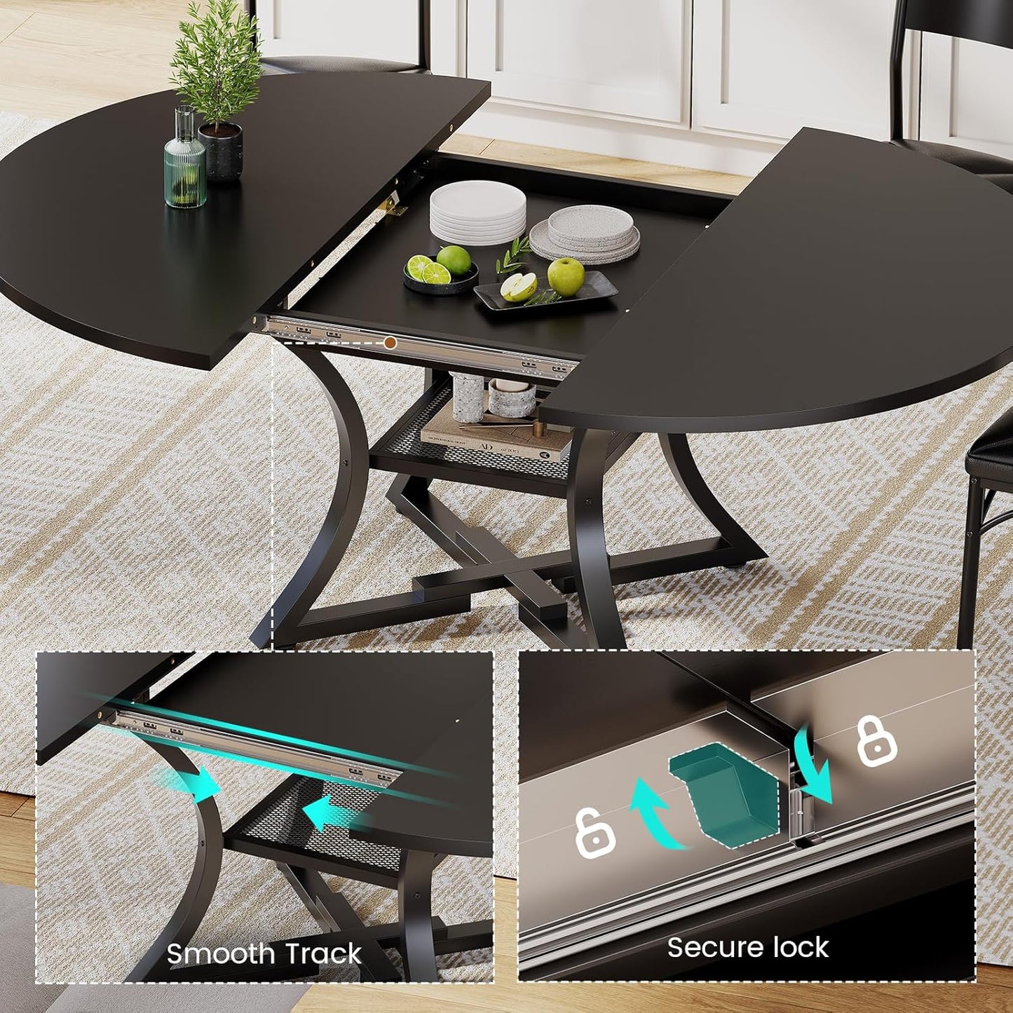 round Extendable Dining Table Set for 4-6 People, 5-Piece Kitchen Table Set with 4 Cushion Chairs, Dining Room Table for 6 with MDF Board & Metal Frame for Small Space, Easy Clean, Black
