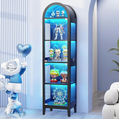 71" Tall Arched Display Cabinet with Glass Doors, Curio Cabinet with LED Lights for Collectibles, Books, 5-Tier Showcase Glass Display Case with Human Body Sensor for Living Room, Black