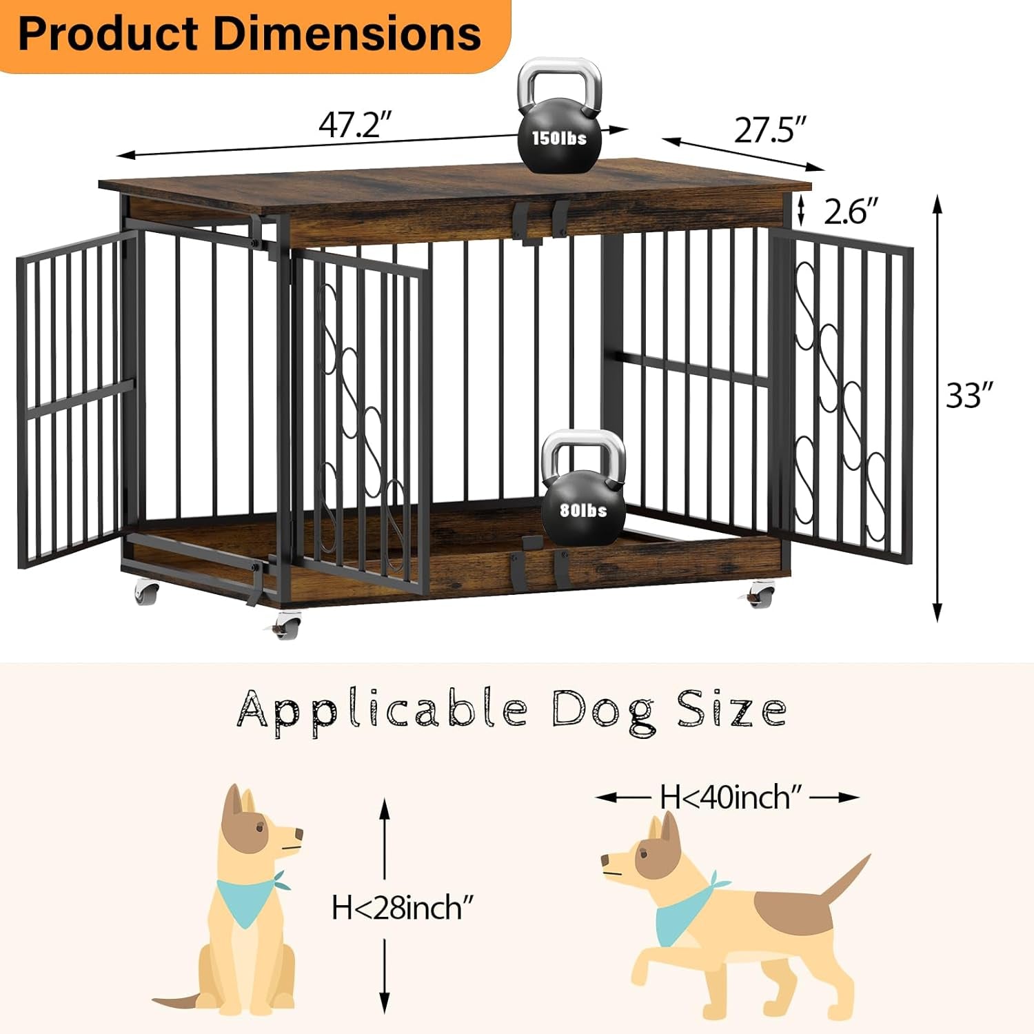 Dog Crate Furniture, 48 Inch Dog Crates for Medium/Large Breed, Farmhouse Wood Metal Kennel Indoor Heavy Duty Pet Cage with Caster Wheels (Brown)