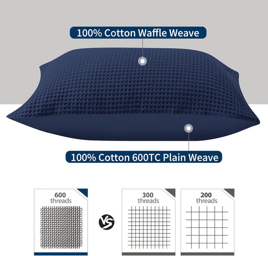 Waffle Weave Pillowcases King Size 2 Pack, 100% Egyptian Cotton 600 Thread Count, Ultra Soft Pillow Shams with Envelope Closure, Breathable Skin-Friendly Pillow Case, Navy Blue, 20X36 Inches