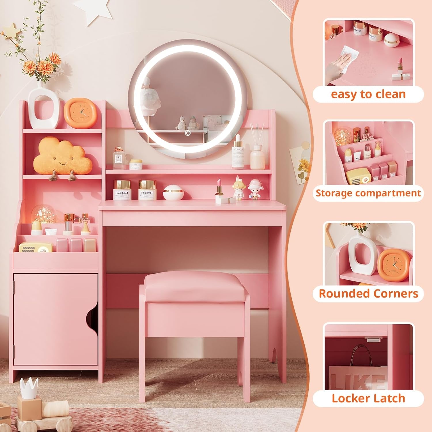 Kids Vanity with Lights, Princess Makeup Vanity Desk with Open Bookshelf, Storage Cabinet & Shelves, Toddler Vanity Table and Chair Set, Pretend Play Vanity Set for Little Girls, Pink