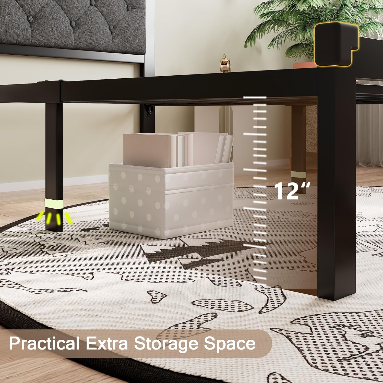 Twin Bed Frame, Platform Metal Bed Frame with Button Tufted Linen Upholstered Headboard, Sturdy Steel Slats, 12" Underbed Storage, No Box Spring Needed, Dark Grey