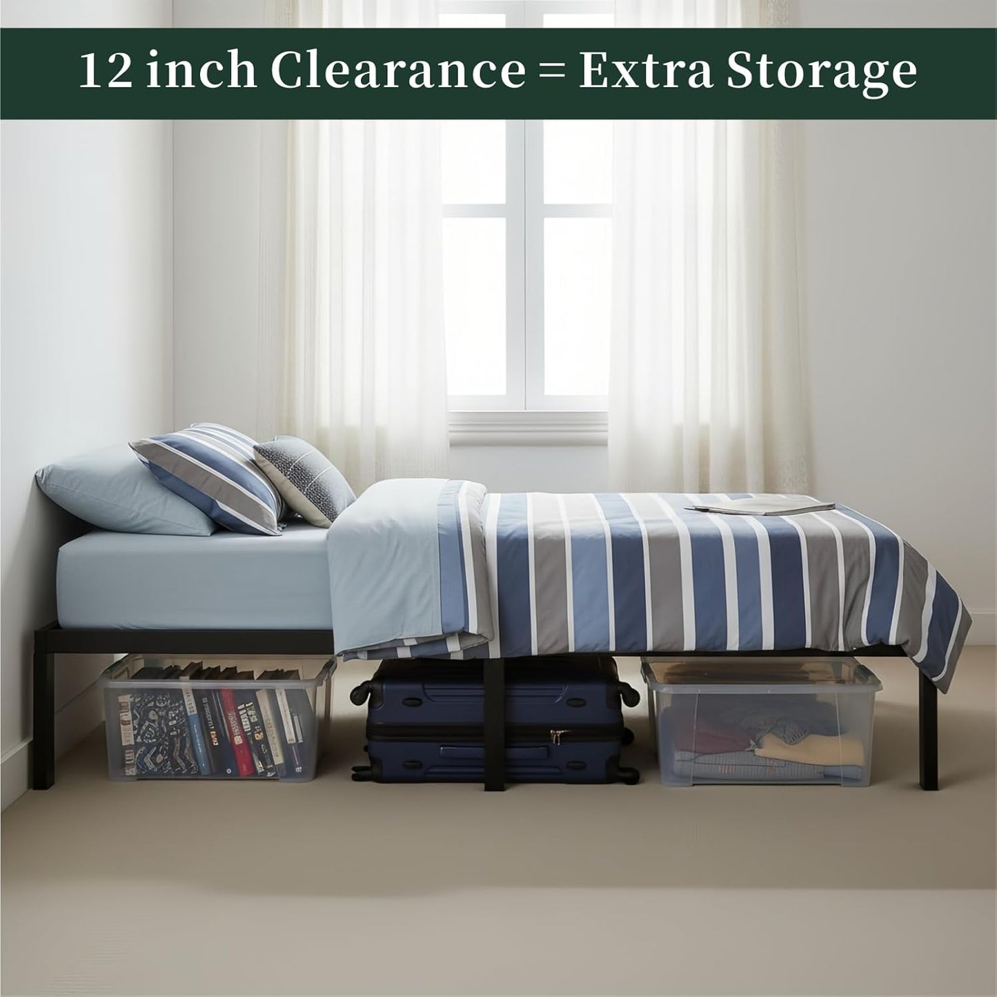 Twin Size Bed Frame, 14 Inch Metal Platform Bed Frames with Heavy Duty Steel Slat Support, No Box Spring Needed, Easy Assembly, under Bed Storage