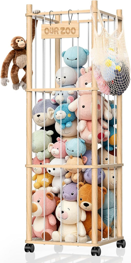 Stuffed Animal Storage & Holder, Natural Pine Wood Plushies Storage with Wheels, Large Capacity Stuffed Animal Zoo with Building Block Bag, Space save Toy Organizer for Nursery Playroom & Bedroom