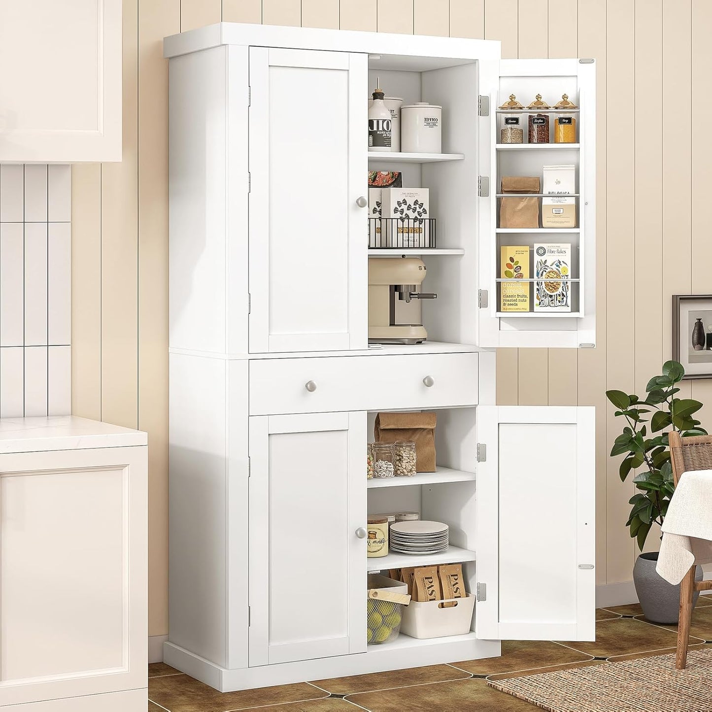 72” Pantry Cabinet, Tall Kitchen Storage Cabinet with 4 Doors and 1 Drawer, Cupboard with 6 Hanging Shelves and Adjustable Shelves for Kitchen, Dining Room, Living Room, White