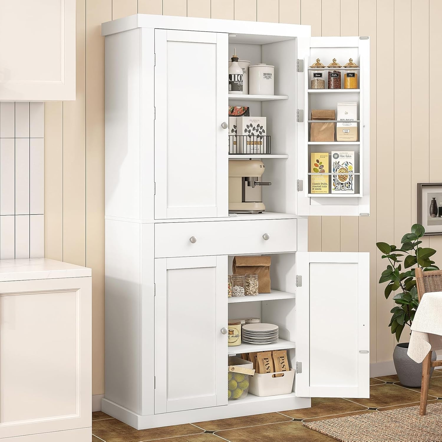 72” Pantry Cabinet, Tall Kitchen Storage Cabinet with 4 Doors and 1 Drawer, Cupboard with 6 Hanging Shelves and Adjustable Shelves for Kitchen, Dining Room, Living Room, White