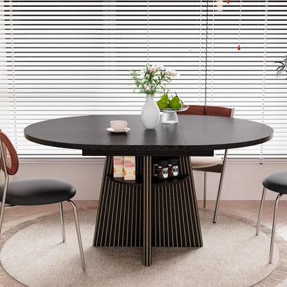 43.3In-59In Extendable Dining Room Table for 4-8, round Expandable Kitchen Table with Fluted Base, Modern Oval Dinner Tables with 4 Storage Shelves for Kitchen Living Room (Black, 43.3In)