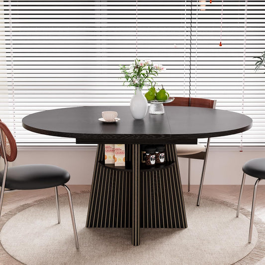 43.3In-59In Extendable Dining Room Table for 4-8, round Expandable Kitchen Table with Fluted Base, Modern Oval Dinner Tables with 4 Storage Shelves for Kitchen Living Room (Black, 43.3In)
