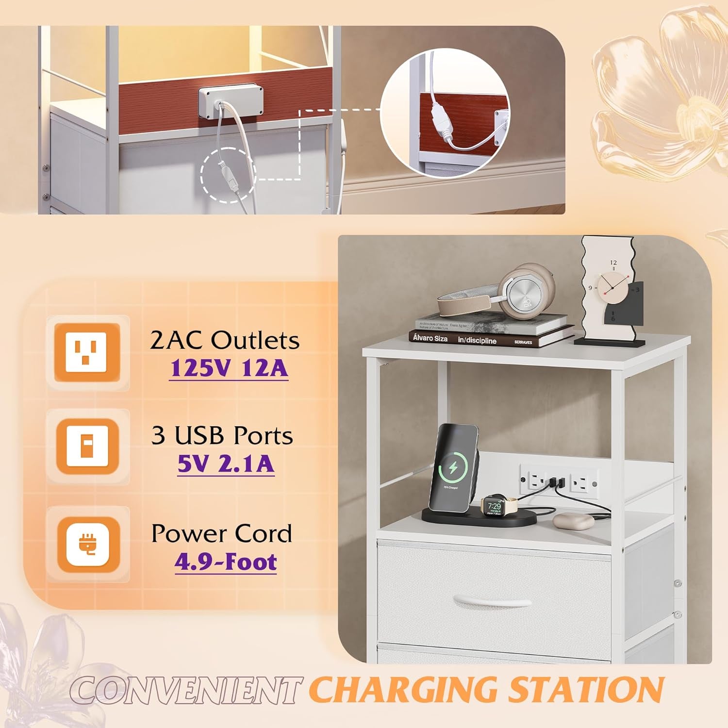 White Night Stand with Charging Station, LED Nightstand with 2 Fabric Drawers and Storage Shelf, Dorm Bedside Table End Table with 2 USB Ports and Outlets, Small Dresser for Bedroom