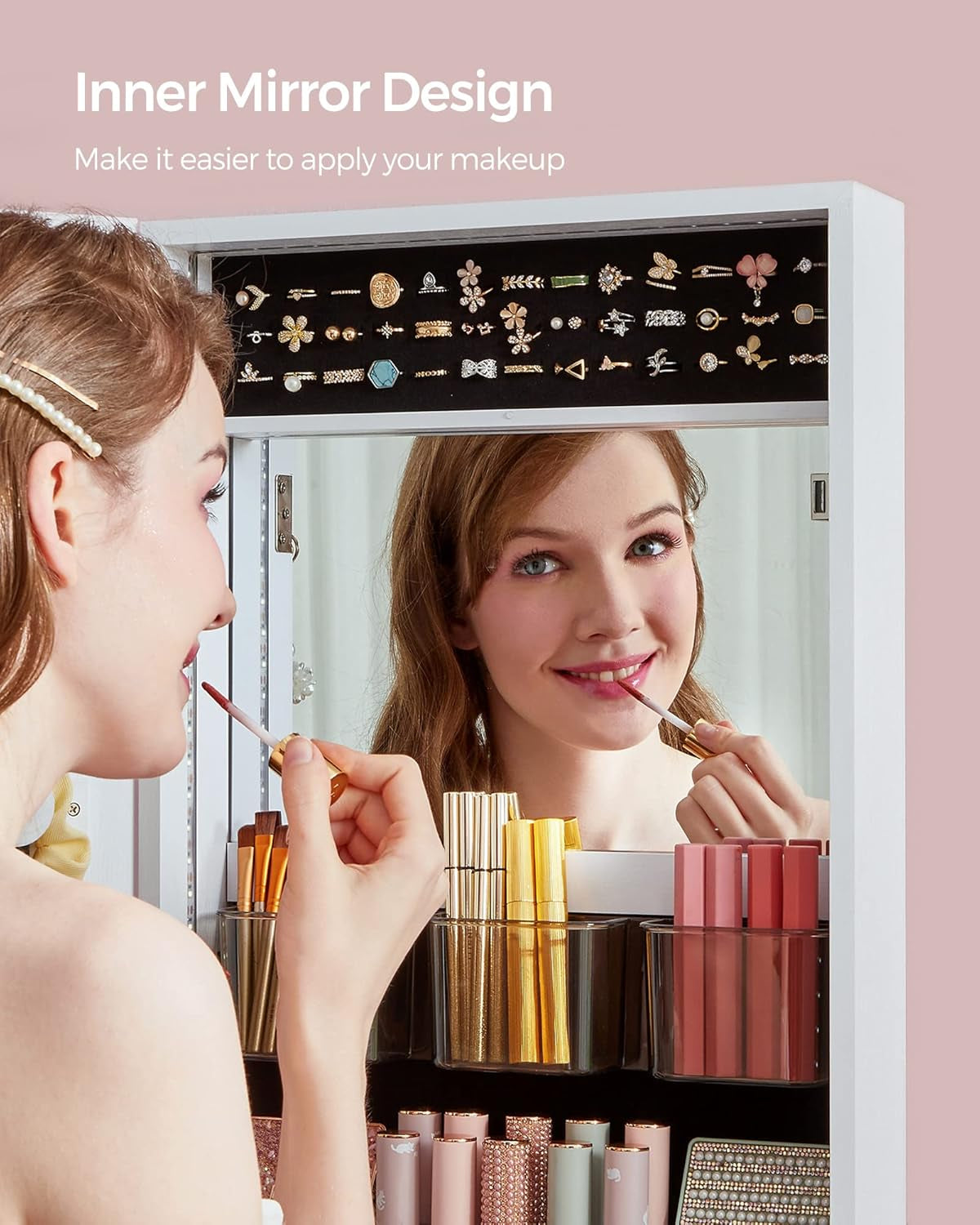 Mirror Jewelry Cabinet Armoire Organizer, Wall or Door Mount Storage Cabinet with Full-Length Frameless Lighted Mirror, Built-In Makeup Mirror, 2 Drawers, Lockable, White UJJC013W01