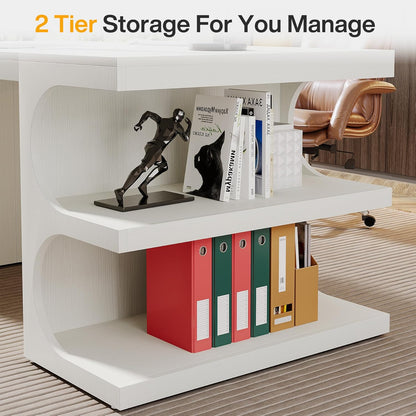 White Executive Office Desk, 63" Computer Desk with Storage Shelves, Modern Wood Study Writing Table, Large Workstation Business Furniture for Home Office (Table Only)