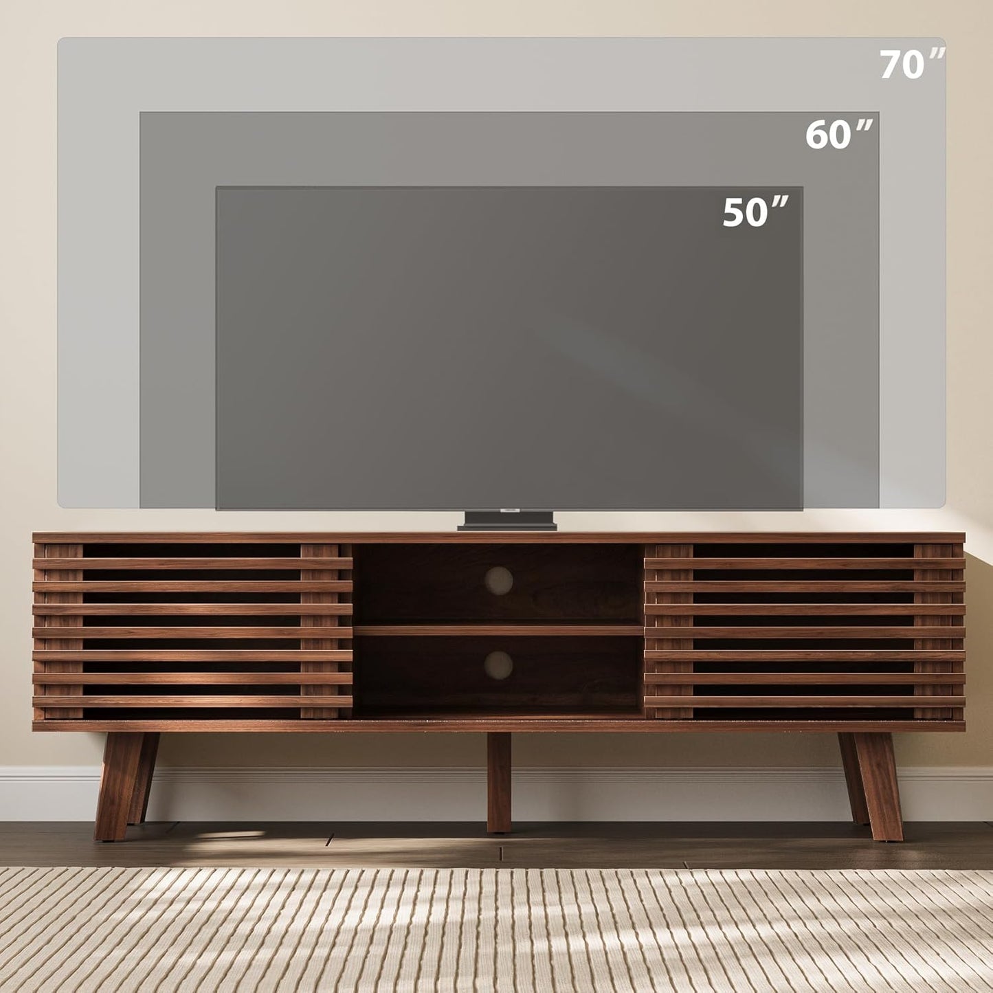 Mid-Century Modern TV Stand for 50/55/60 Inch TV, Retro Entertainment Center with Storage Cabinet & Sliding Door, TV Stand for Living Room, Bedroom