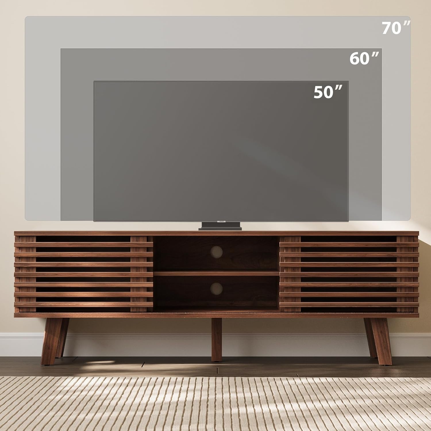 Mid-Century Modern TV Stand for 50/55/60 Inch TV, Retro Entertainment Center with Storage Cabinet & Sliding Door, TV Stand for Living Room, Bedroom