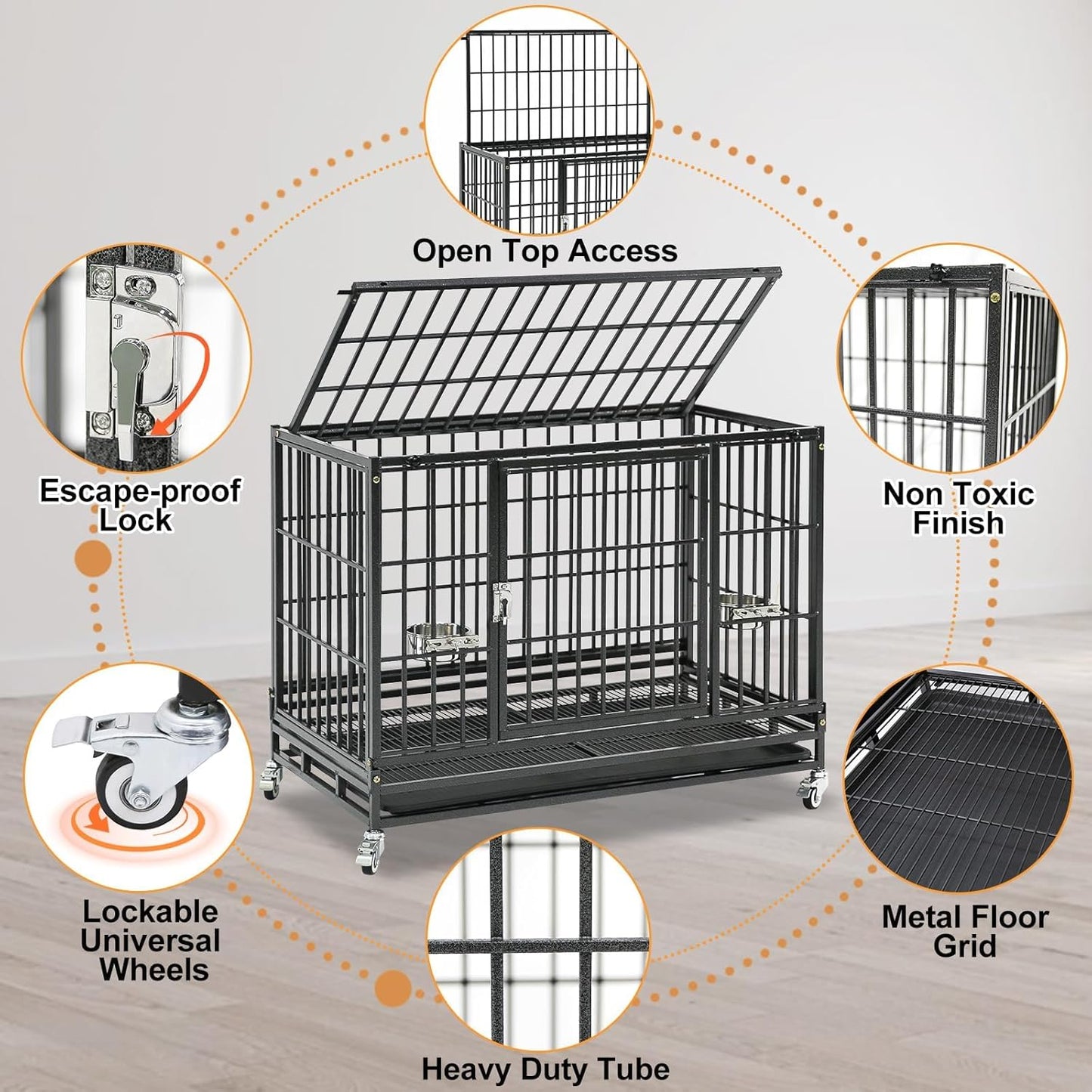 Three Tiers 37 Inch Dog Crate, Escape Proof Dog Cage Kennel Indoor with Top Access and Lockable Wheels, Removable Tray, Heavy Duty Dog Crates for Medium/Small Dogs