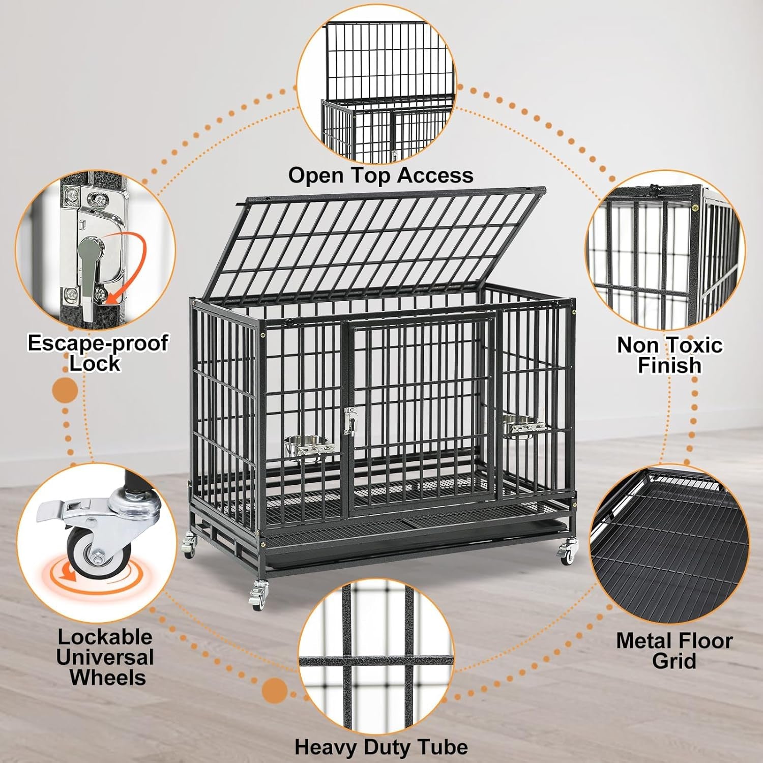 Three Tiers 37 Inch Dog Crate, Escape Proof Dog Cage Kennel Indoor with Top Access and Lockable Wheels, Removable Tray, Heavy Duty Dog Crates for Medium/Small Dogs