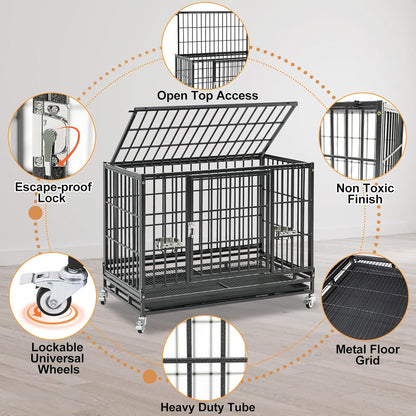 Three Tiers 37 Inch Dog Crate, Escape Proof Dog Cage Kennel Indoor with Top Access and Lockable Wheels, Removable Tray, Heavy Duty Dog Crates for Medium/Small Dogs