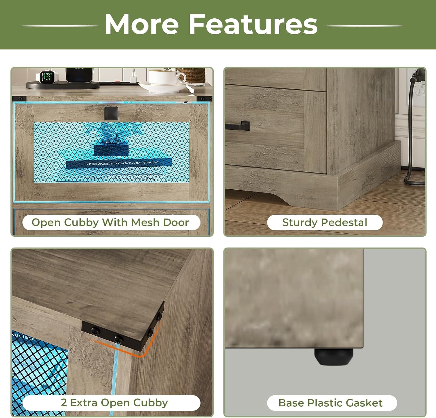 Farmhouse Night Stand with LED Lights and Charging Station, Rustic Oak Nightstand with 2 Drawers, and Cubby with Wire Mesh Door, Bedside End Table for Bedroom