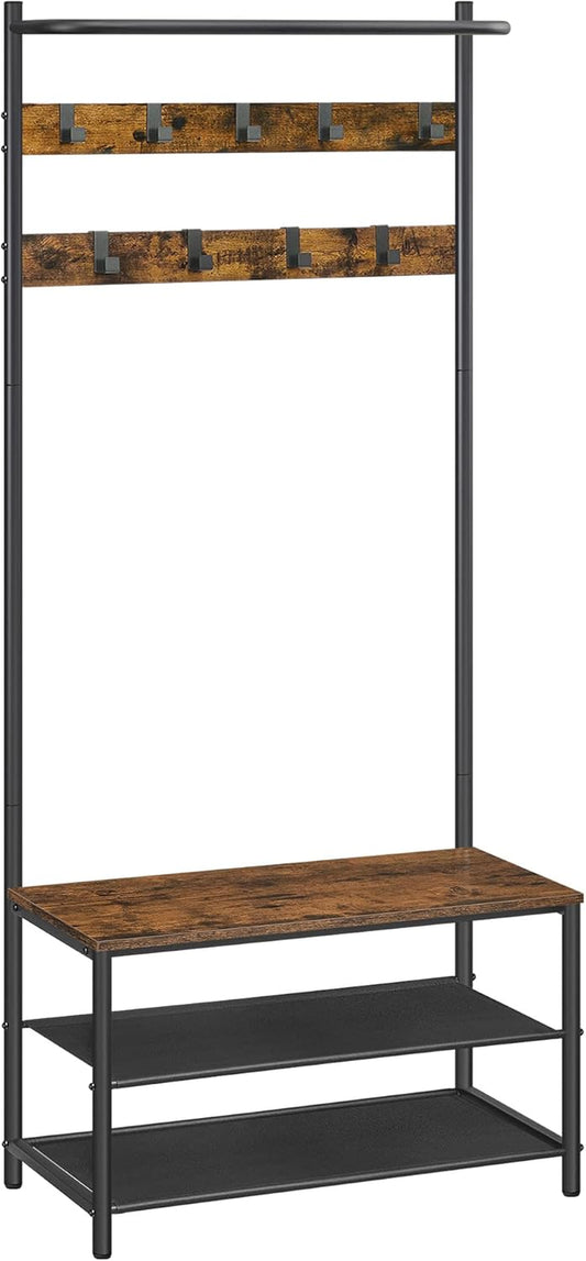 Hall Tree with Bench and Shoe Storage, Entryway Bench with Coat Rack Stand and Shoe Rack, 9 Movable Hooks, Top Bar, Fabric Shelves, Industrial, Rustic Brown and Black UHSR411B01