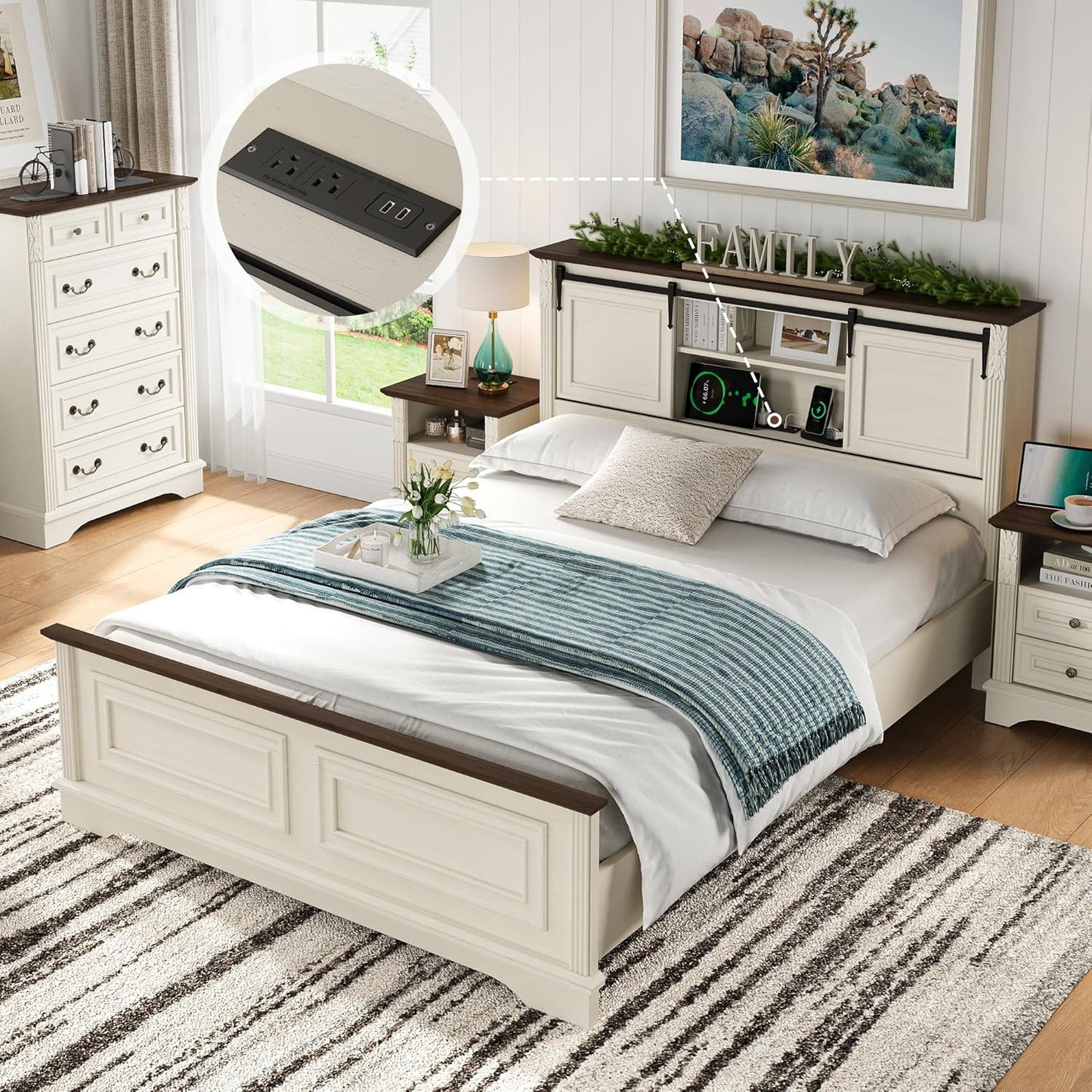Antique White Queen Size Bed Frame with Storage Headboard, Charging Station, Bracket Footboard, Farmhouse Bed Frame with Bookcase and Sliding Barn Doors, Noiseless,No Box Spring Needed