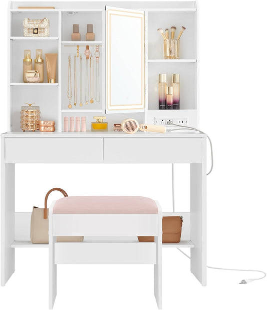 Vanity Desk with Power Outlets, Makeup Vanity with Mirror and Lights, Upholstered Vanity Stool, Dimmable LED Lights, 6 Compartments, 2 Drawers, for Bedroom, Cloud White URDT031W01