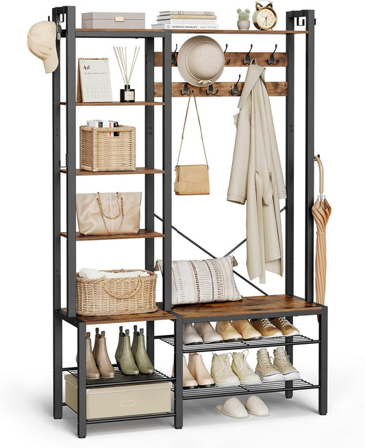 Hall Tree with Bench and Shoe Storage, Entryway Coat Rack with Shoe Bench, 5 Storage Shelves, 9 Coat Hooks, 6 Side Hooks, 15.7 X 47.2 X 74.8 Inches, Rustic Brown and Ink Black UHSR426B01