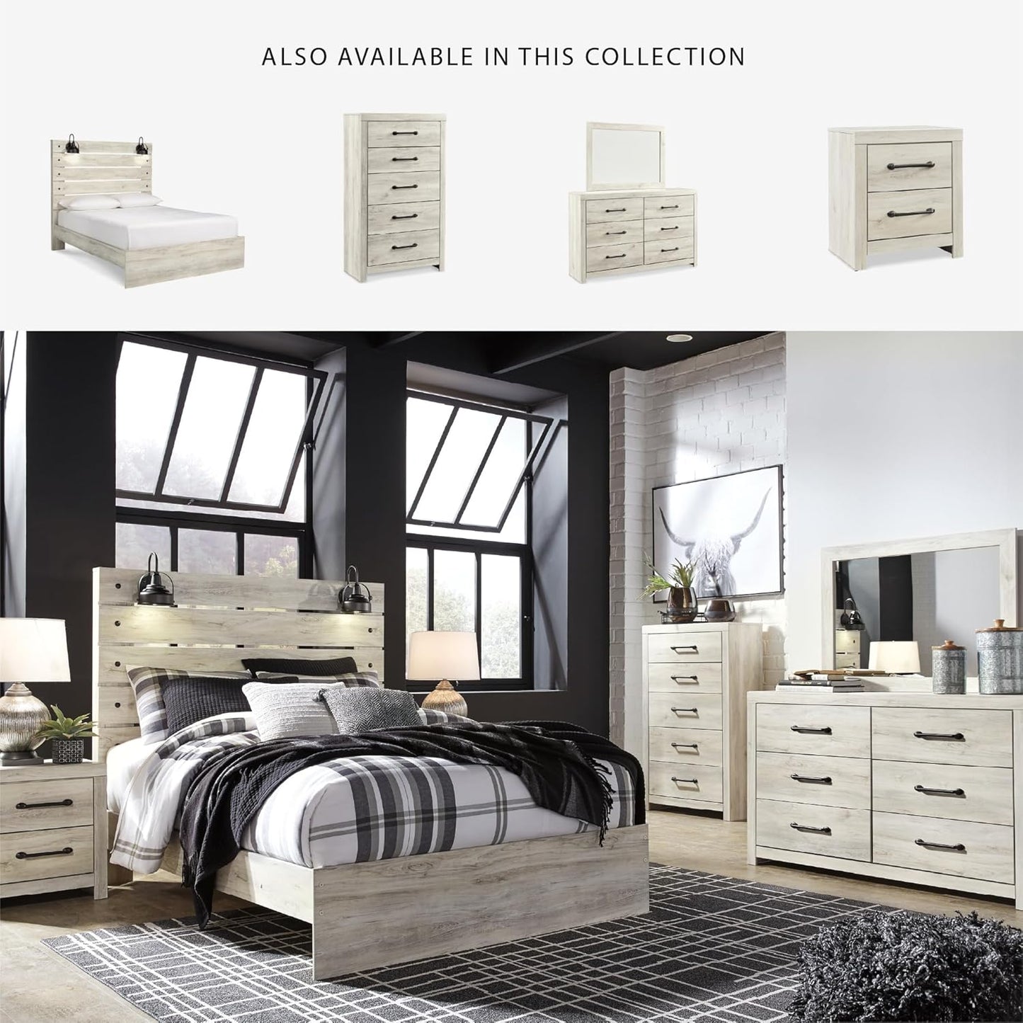 Cambeck Farmhouse Queen Panel Bed with Sconce Lights and USB Ports, Foundation or Box Spring Needed, Whitewash